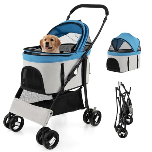 COSTWAY Passeggino per Cani Pieghevole 3 in 1, Carrello per Animali Domestici con Tettuccio Regolabile e Cesto,...