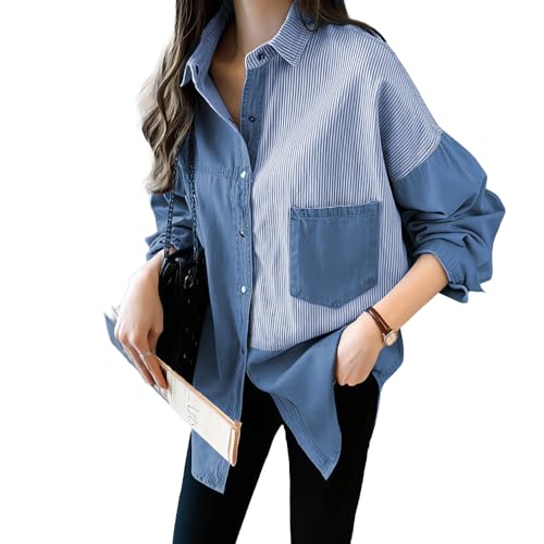 MGizo DtiSpectrum Camicia da Donna in Imitazione Jean- Camicia Oversize a Righe Verticali con Maniche Lunghe e Bottone...