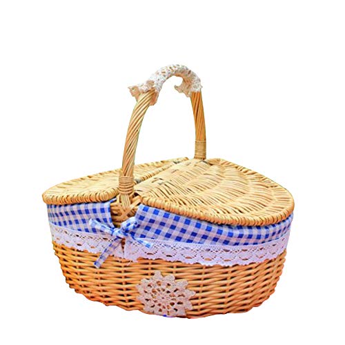 WUHNGD, cestino da picnic in vimini con doppio coperchio e manico, cestino da picnic in tessuto di salice ovale per...