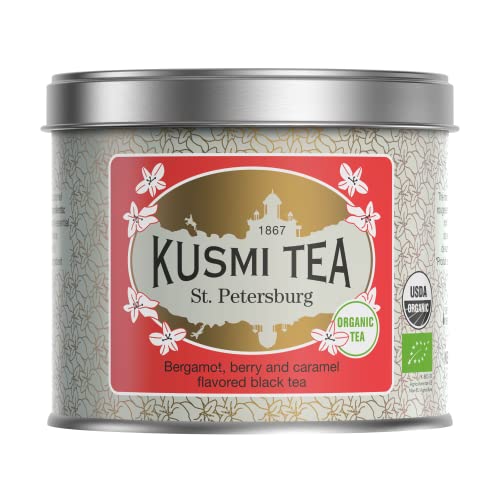 Kusmi Tea - St-Petersburg organic - Tè nero Earl grey, caramello e frutta - Lattina di metallo da 100 g - Circa 40...