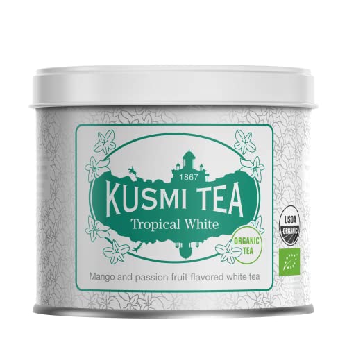 Kusmi Tea - Tè Bianco Bio Tropical White - Tè bianco al gusto Mango Passion - Lattina di metallo da 90 g - Circa 40...