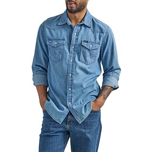 Wrangler Iconic Denim Regular Fit Snap Shirt Camicia Button-Down, Lake Wash, M Uomo