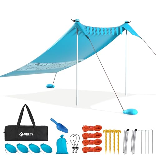 VILLEY Tenda da Spiaggia Lycra 2m x 2,4m, UPF50+ Protezione UV Tendalino Parasole da Spiaggia con Kit di Fissaggio per 3...