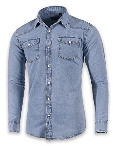 SEVEN EAGLE Camicia Denim da Uomo a Maniche Lunghe con Doppia Tasca con Bottoni Automatici (L, Blue Vintage)