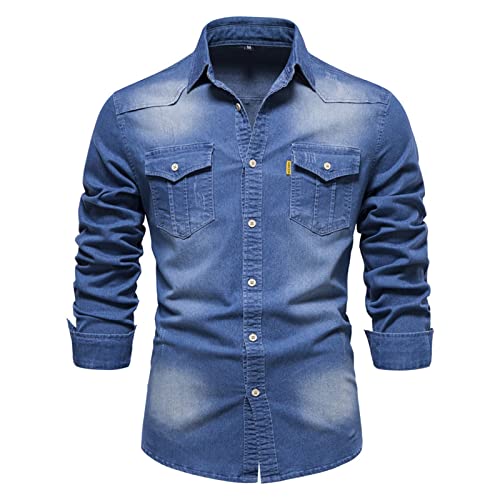 HOTIAN Camicia da uomo, in denim, a maniche lunghe, per il tempo libero, vestibilità slim fit, Blu Medio, M