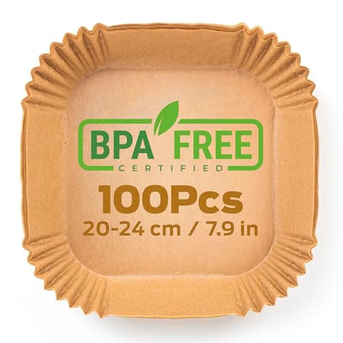 PORTENTUM Carta forno per friggitrice ad aria 100 pezzi Food-Grade BPA Free 20 x 20 x 4,5 cm Carta Air Fryer Quadrata -...