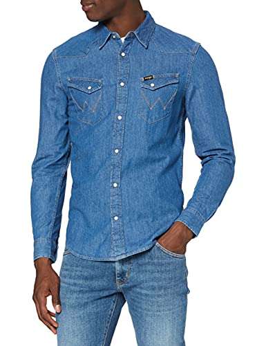 Wrangler LS Western Denim Shirt Camicia in Jeans, Blu (Mid Stone), M Uomo