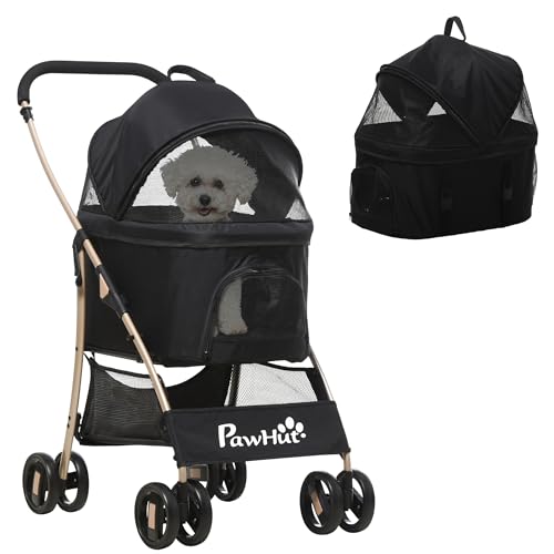 PawHut Passeggino per Cani Pieghevole Design 3 in 1 con Trasportino Rimovibile, Tettuccio e Ruote Girevoli per Animali...