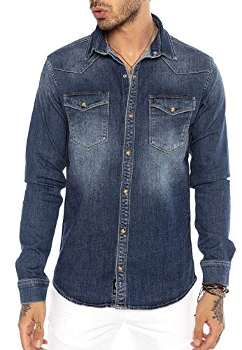 RED BRIDGE Camicia a Jeans da Uomo Stile Casual Denim Cotone Blu Scuro XL