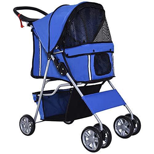 PawHut Passeggino per Cani Fino a 10 KG, Carrello Pieghevole per Animali Domestici Carrello Carrozzina, 75x45x97cm, Blu