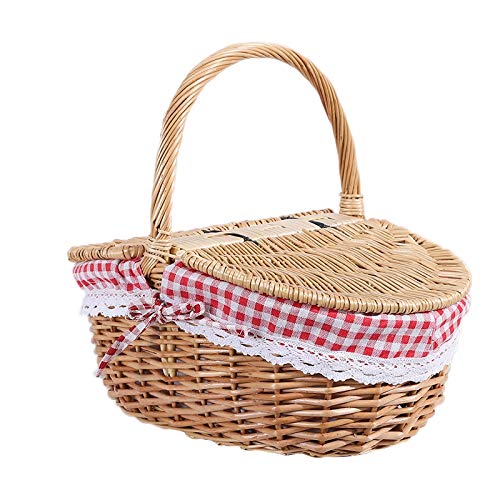 Gokelomg Wicker - Cestino da picnic in stile, coperchio e manico e fodera per picnic, feste e barbecue