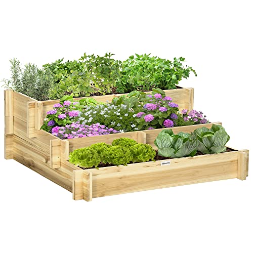 Outsunny Letto per Orto Rialzato a 3 Livelli in Legno di Abete, Fioriera da Giardino color Legno per Verdure, Fiori e...