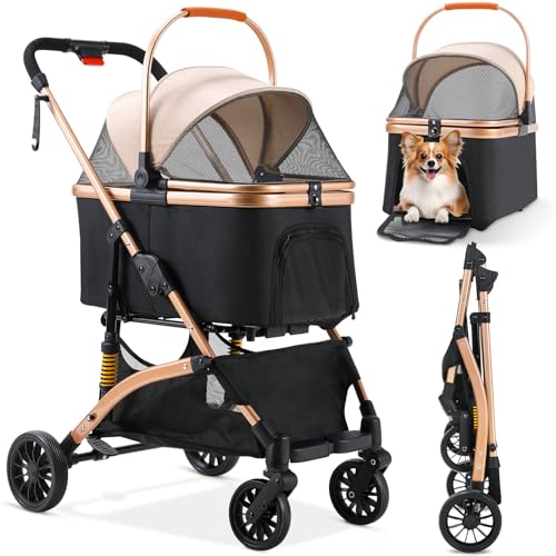 Passeggino per cani 3 in 1, fino a 40 kg, passeggino portatile per animali domestici, con finestre a rete,...