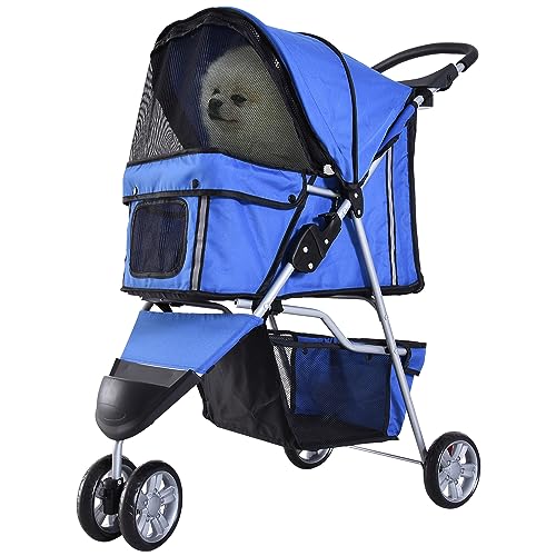 PawHut Passeggino per Cani Pieghevole Carrello per Animali Domestici Carrello Carrozzina Blu 75 x 45 x 97cm