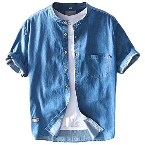 GIBZ Camicia di Jeans da Uomo in Cotone Camicie Estive a Maniche Corte Casual Abbottonata, Blu Navy, XXL