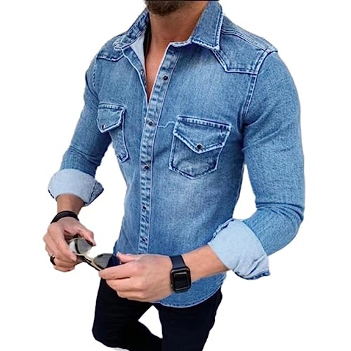 Camicia di Jeans A Maniche Lunghe da Uomo Slim Fit Camicia Casual con Bottoni A Pressione Taschino con Risvolto