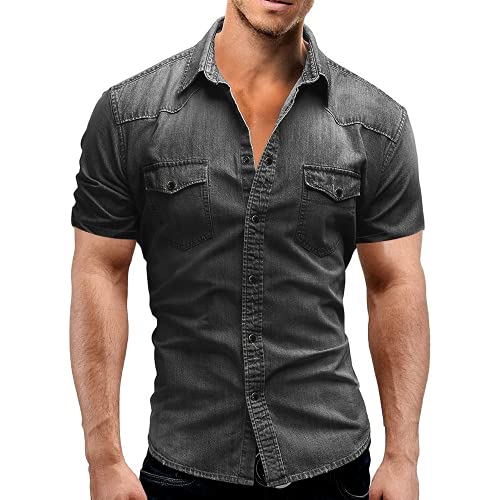 Uomo Denim Camicia Sottile Manica Corta Morbido Cotone Due Tasche Slim Leggero Elastico Jeans Cowboy Camicia, Grigio, M