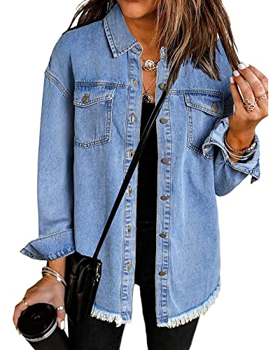 Roskiky Giacca da donna oversized Button Up Frayed Hem Shacket a maniche lunghe tasche Denim Jean Jacket, Blu ondulato,...