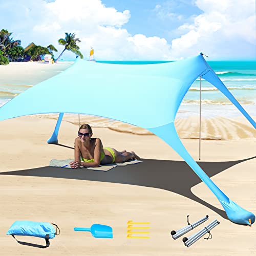 CUUPO Tenda da spiaggia con protezione UV UPF50+, con 2 pali per campeggio, spiaggia, pesca, cortile e picnic, con telo...