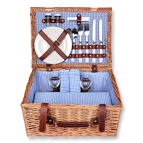 Schramm - Set da picnic con cestino rettangolare in legno di salice per 2 persone, interno blu a quadretti